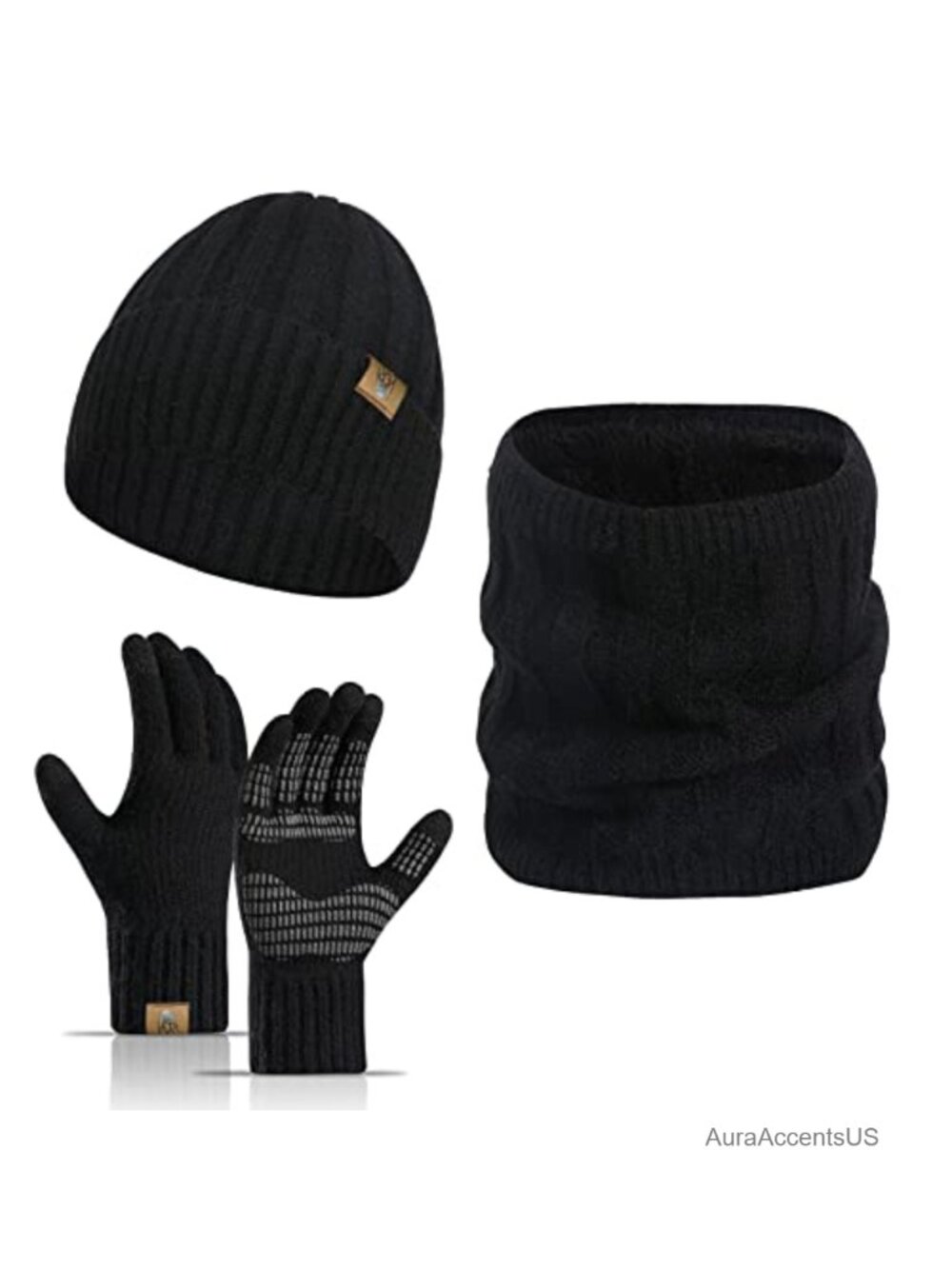 Winter Beanie Hat Touchscreen Gloves Scarf 3 PC Set Fleece Lined Cold Weather